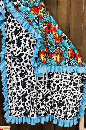 DLH1212-7 Aztec & jewel printed cow reversible baby blanket w/ruffle