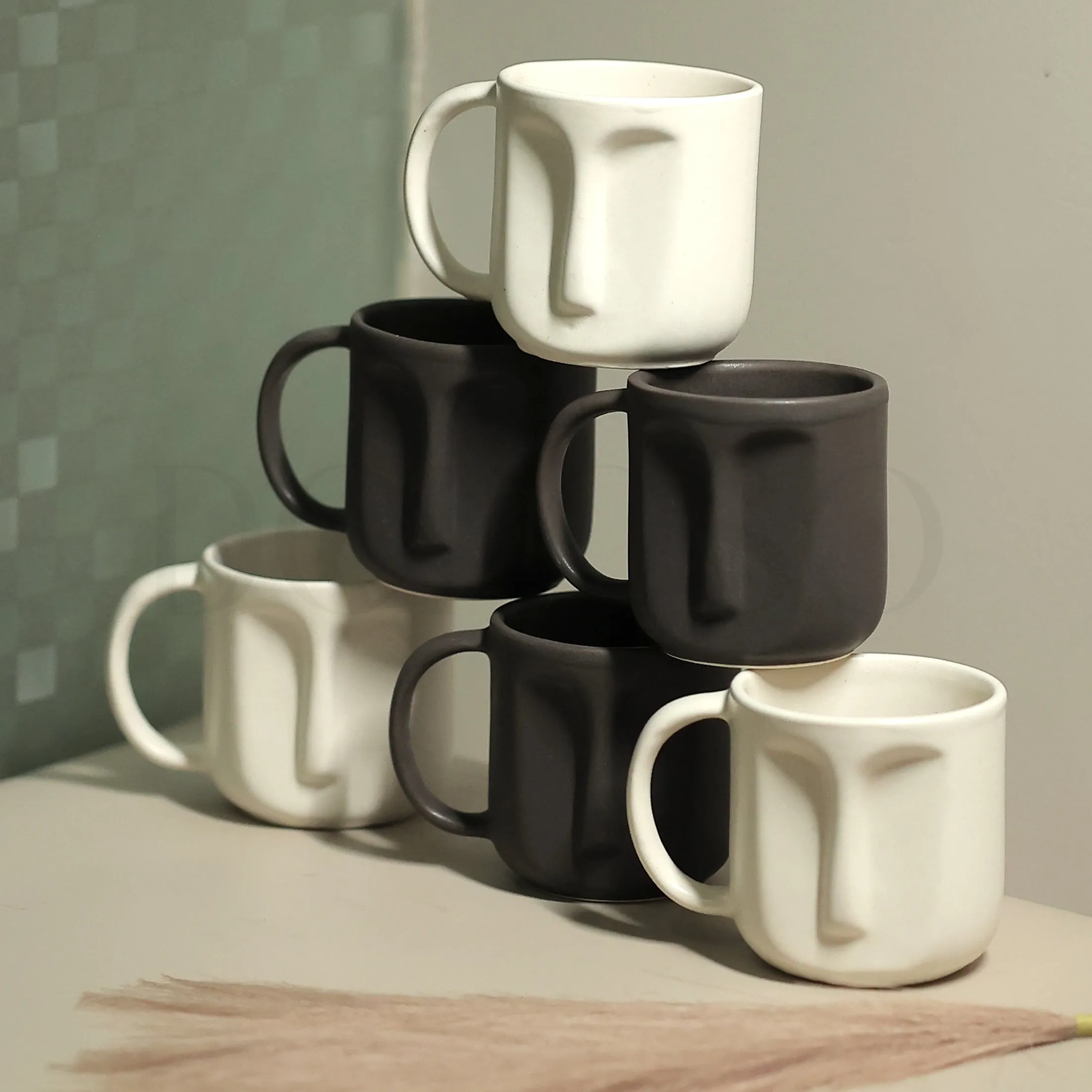 FACE SHAPE BLACK & WHITE COFFEE MUGS - SET OF 6