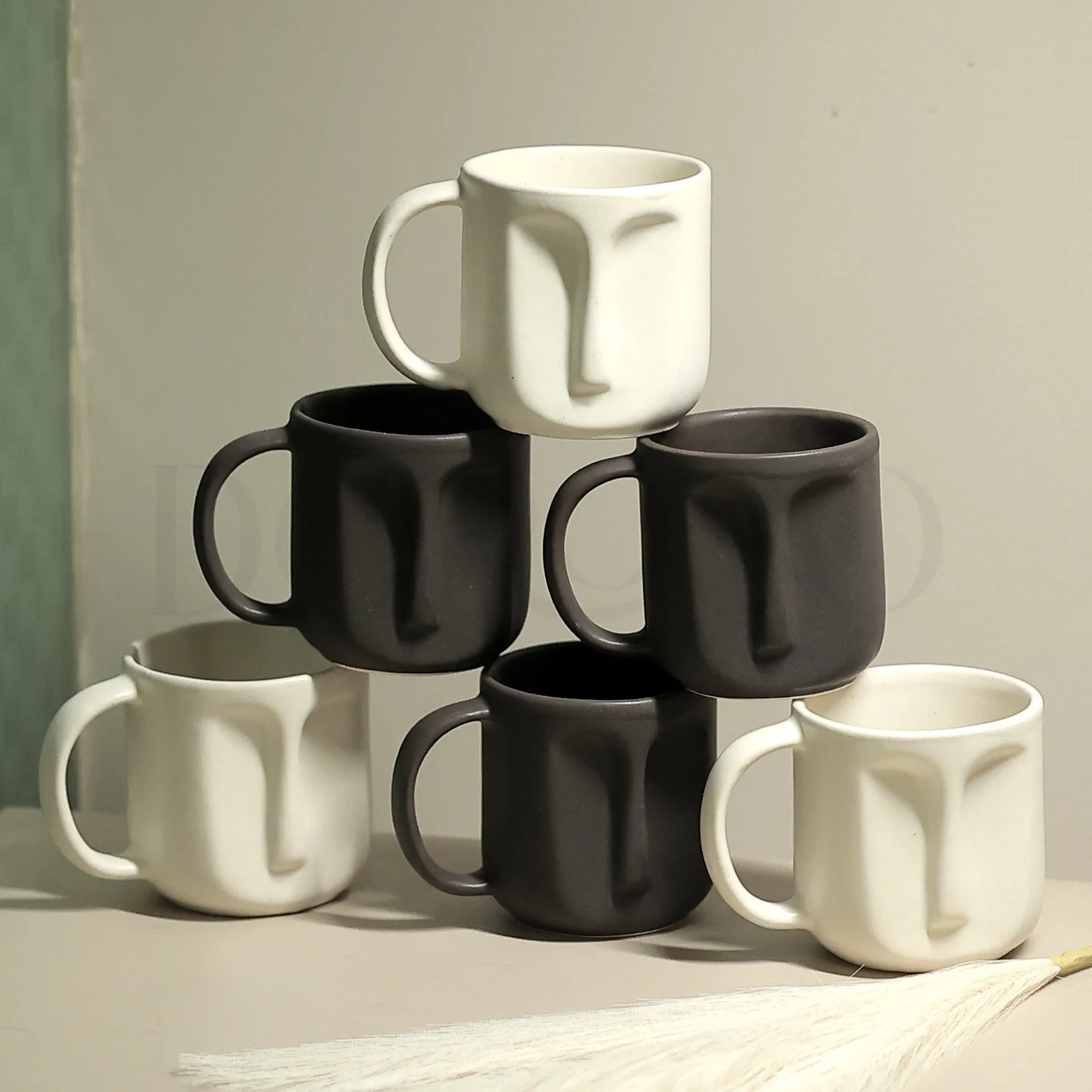 FACE SHAPE BLACK & WHITE COFFEE MUGS - SET OF 6