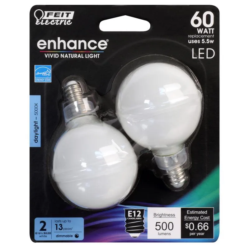 Feit Enhance G16.5 E12 (Candelabra) Filament LED Bulb Daylight 60 Watt Equivalence 2 pk