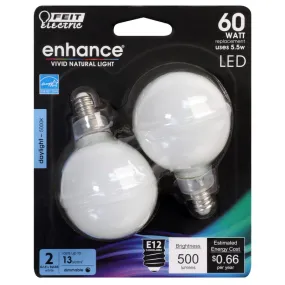 Feit Enhance G16.5 E12 (Candelabra) Filament LED Bulb Daylight 60 Watt Equivalence 2 pk