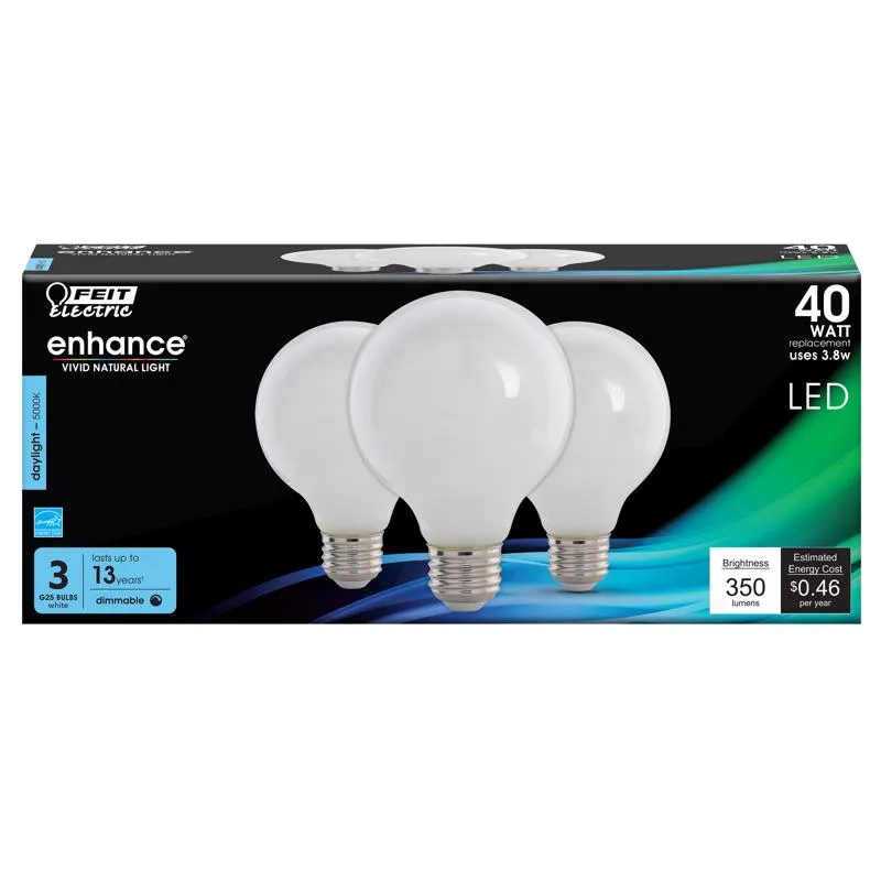 Feit Enhance G25 E26 (Medium) Filament LED Bulb Daylight 40 Watt Equivalence 3 pk