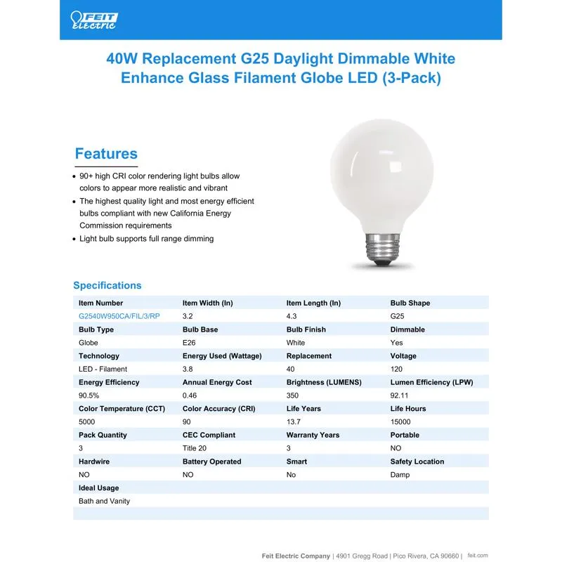 Feit Enhance G25 E26 (Medium) Filament LED Bulb Daylight 40 Watt Equivalence 3 pk