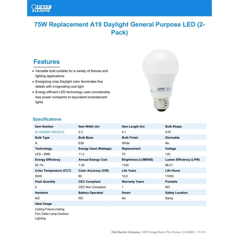 Feit LED A19 E26 (Medium) LED Bulb Daylight 75 Watt Equivalence 2 pk