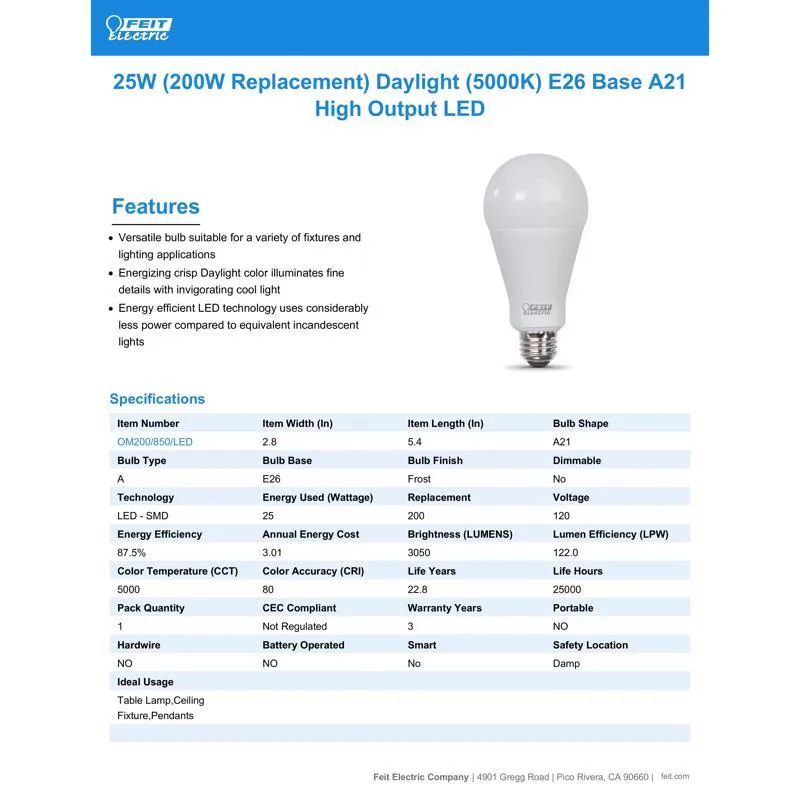 Feit LED A21 E26 (Medium) LED Bulb Daylight 200 Watt Equivalence 1 pk