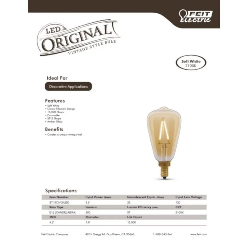 Feit LED Filament ST15 E12 (Candelabra) LED Bulb Amber Soft White 25 Watt Equivalence 1 pk