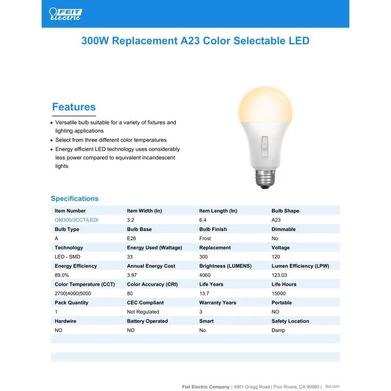 Feit LED Intellibulb A23 E26 (Medium) LED Bulb Tunable White/Color Changing 300 Watt Equivalence 1 p