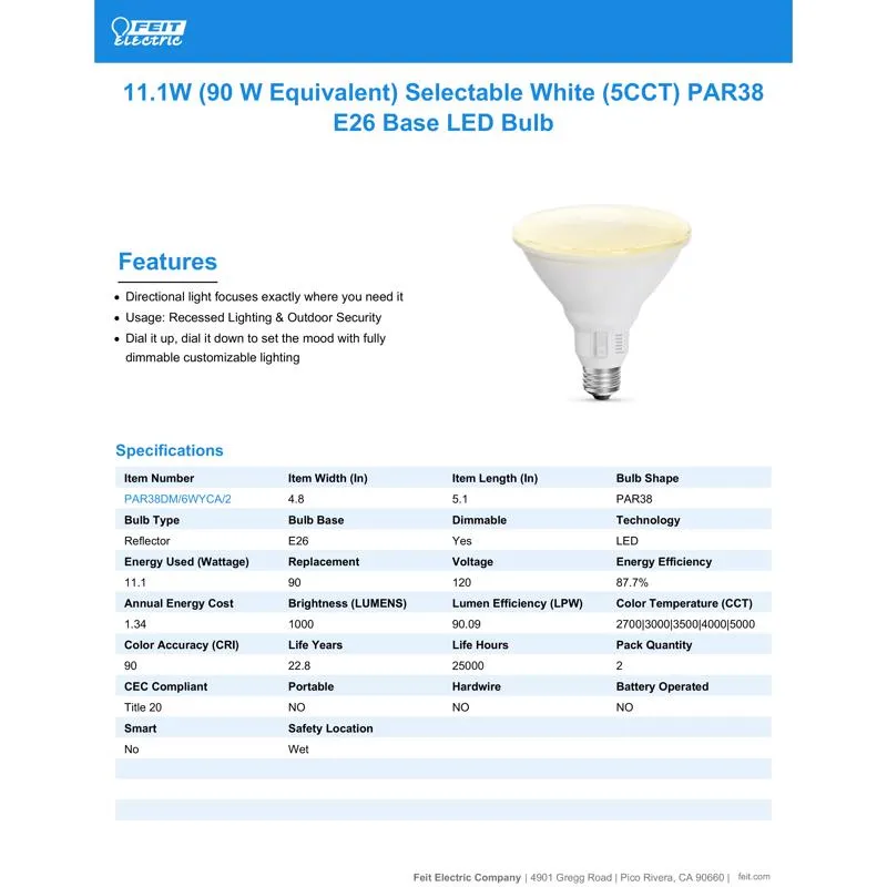 Feit LED PAR38 E26 (Medium) LED Bulb White 90 Watt Equivalence 2 pk