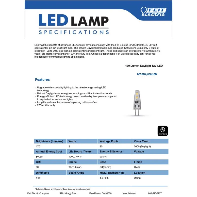 Feit LED Specialty T4 G4 LED Bulb Daylight 20 Watt Equivalence 1 pk