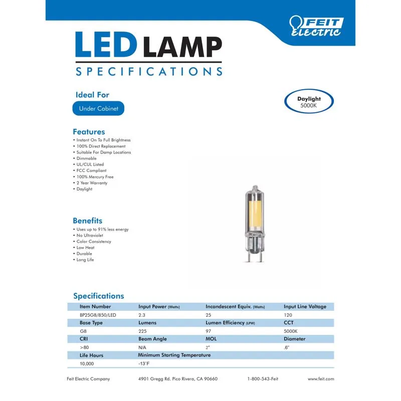 Feit LED T4 G8 LED Bulb Daylight 25 Watt Equivalence 1 pk