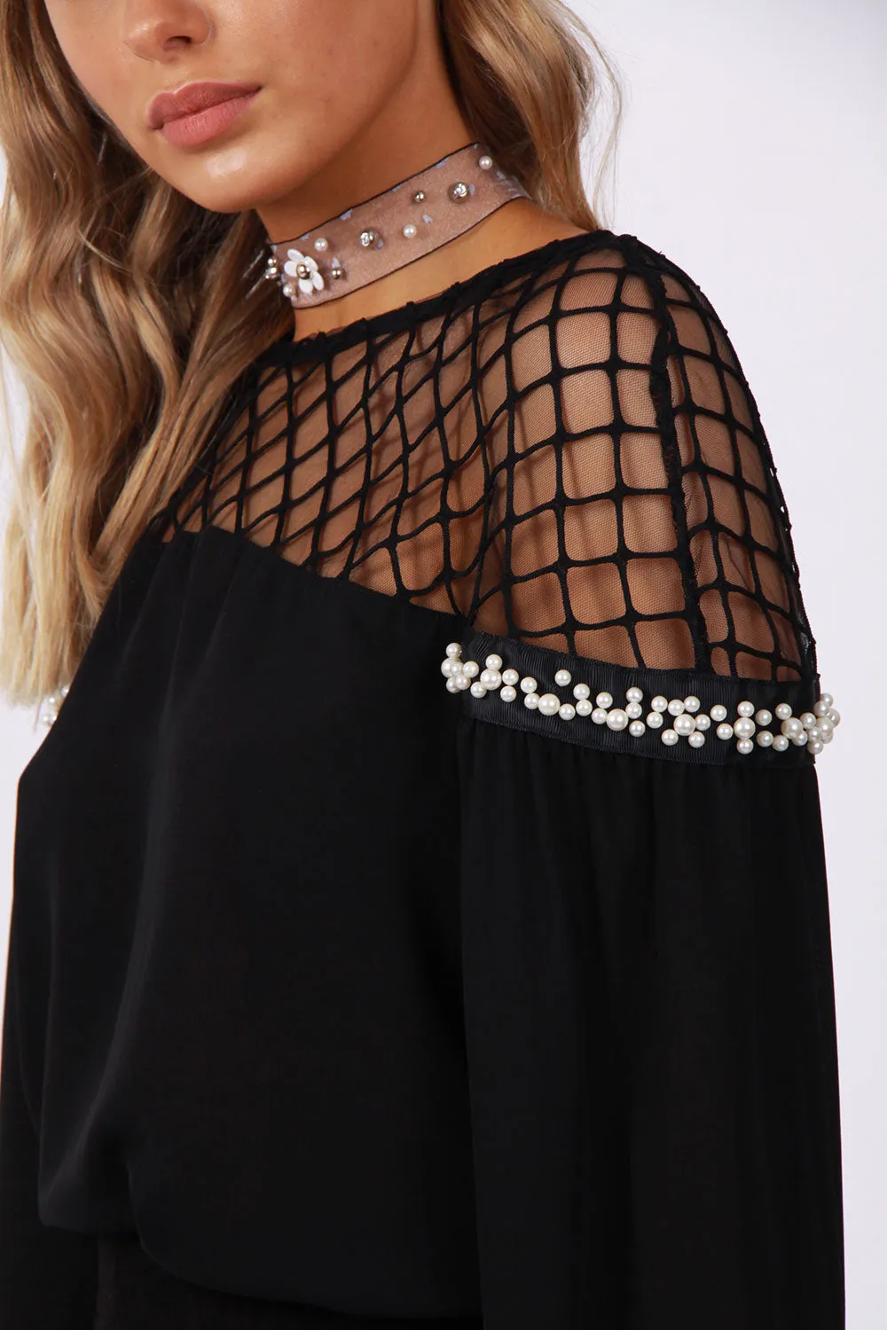 Fish Net Pearl Arm Blouse Top