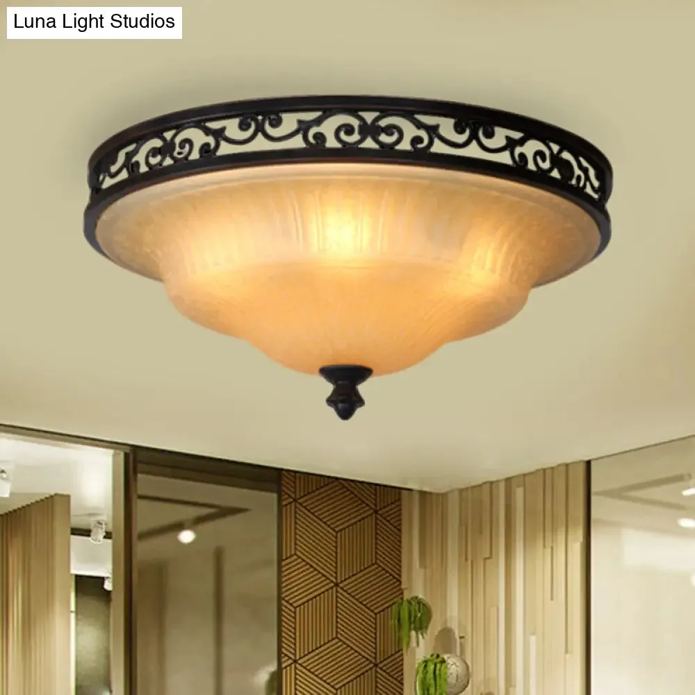 Fluted Glass LED Ceiling Light with Black Cover Lid, Traditional Style for Dining Hall - 16.5"/21" Width