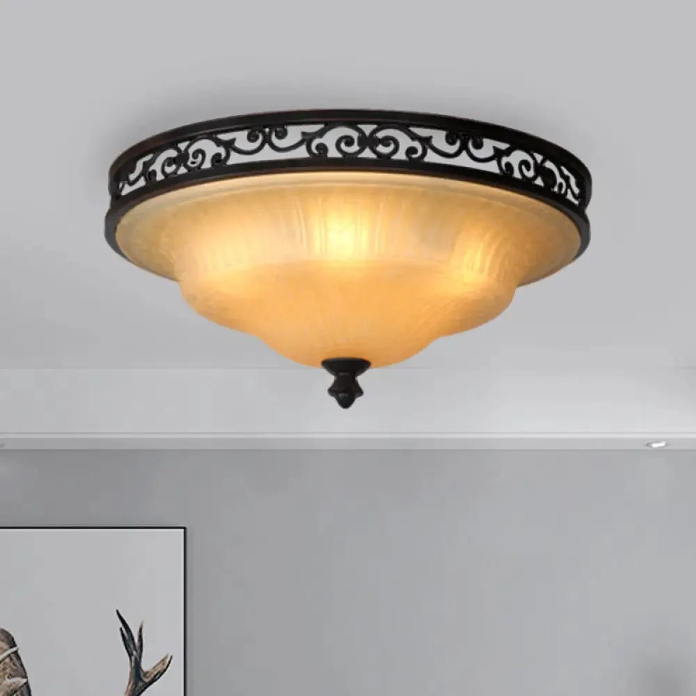 Fluted Glass LED Ceiling Light with Black Cover Lid, Traditional Style for Dining Hall - 16.5"/21" Width