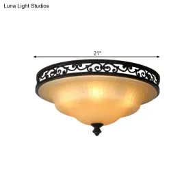 Fluted Glass LED Ceiling Light with Black Cover Lid, Traditional Style for Dining Hall - 16.5"/21" Width