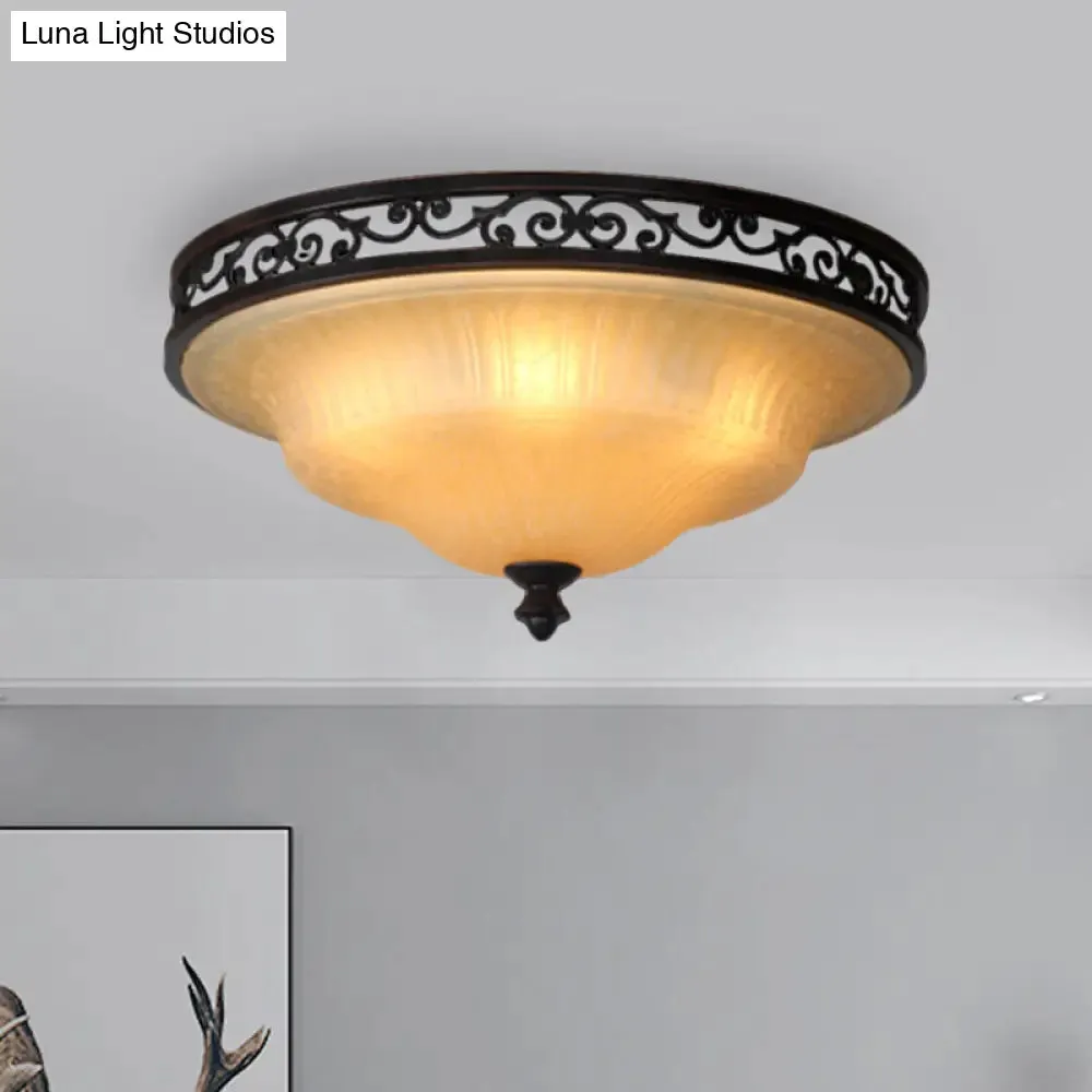 Fluted Glass LED Ceiling Light with Black Cover Lid, Traditional Style for Dining Hall - 16.5"/21" Width