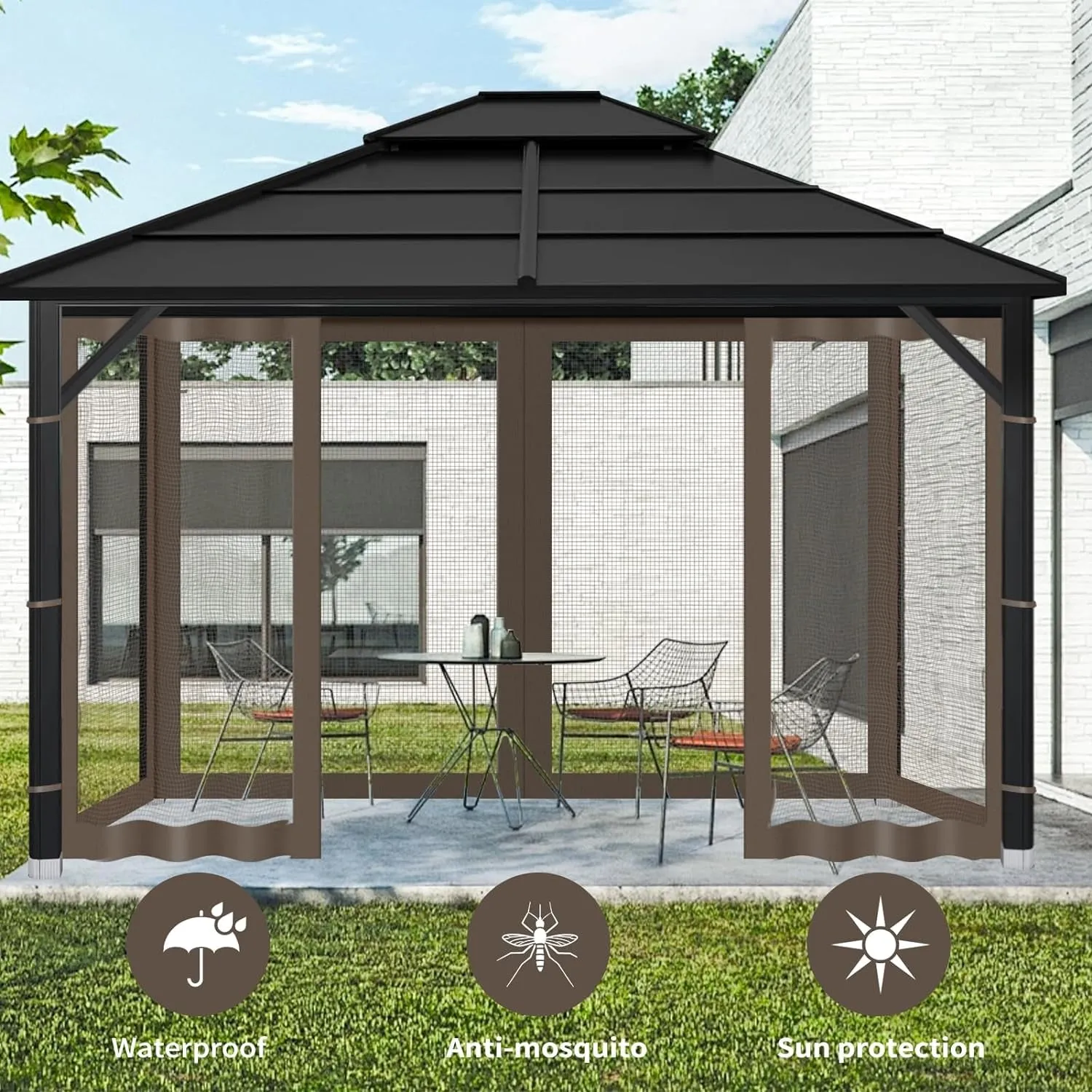 Gazebo Replacement Mosquito Netting Outdoor Universal Gazebo Canopy 4-Panels Screen Sidewalls with Zipper for Patio Garden Yard Backyard (Mosquito Net Only) (10X12, Coffee)