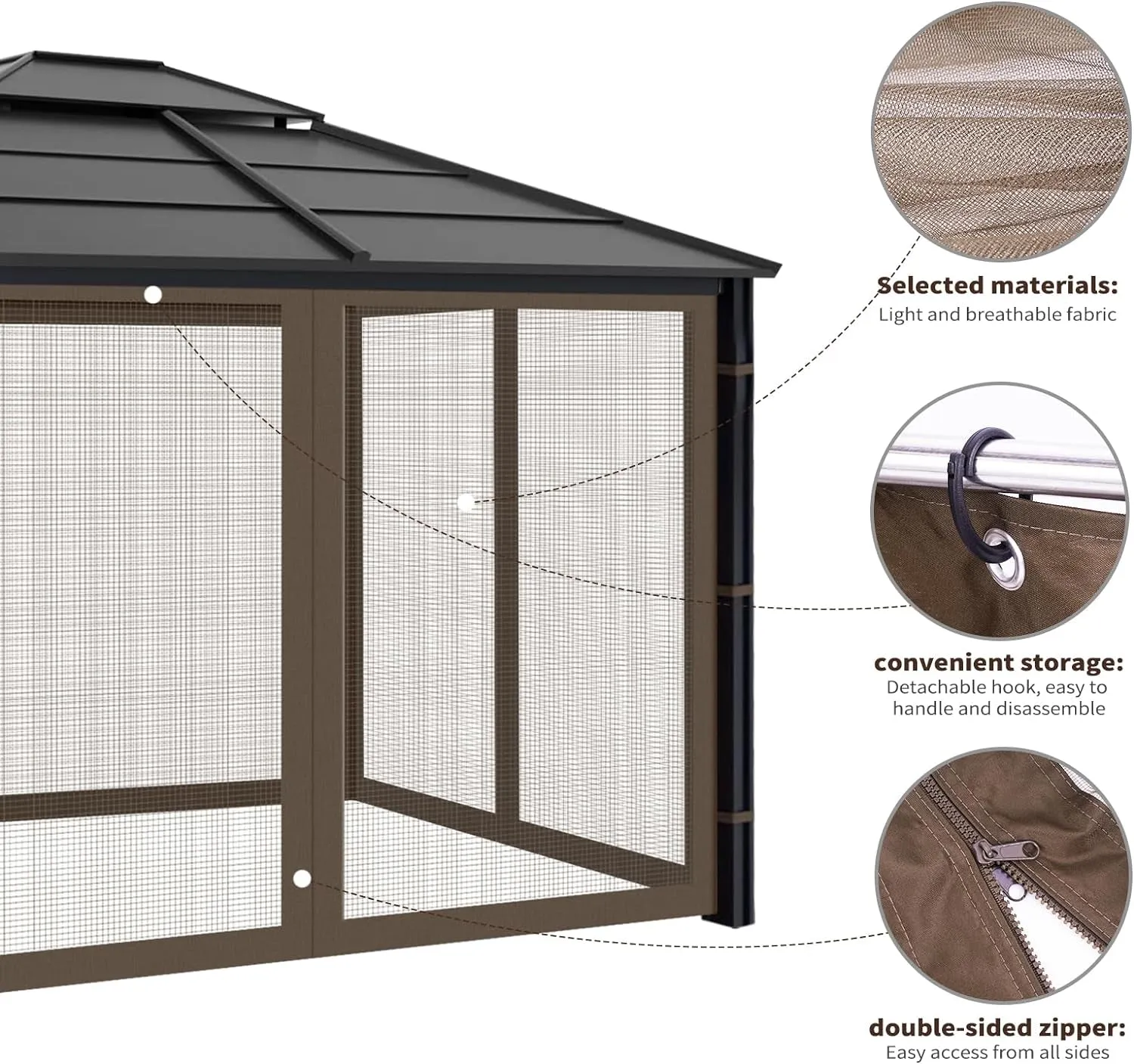 Gazebo Replacement Mosquito Netting Outdoor Universal Gazebo Canopy 4-Panels Screen Sidewalls with Zipper for Patio Garden Yard Backyard (Mosquito Net Only) (10X12, Coffee)