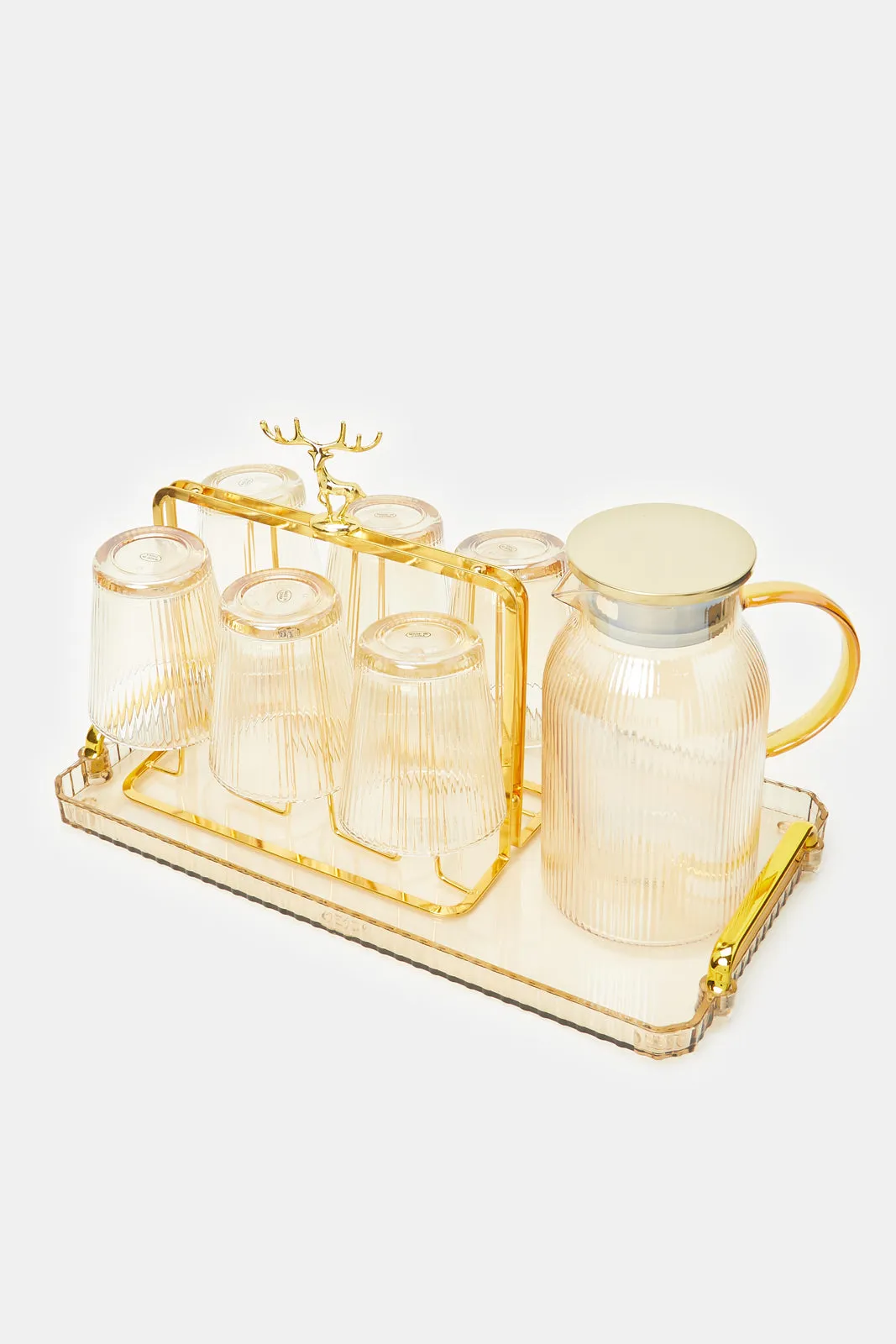 Gold Embellished Jug Set With Tray (8 Piece)