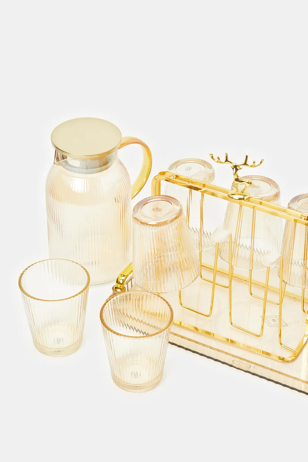 Gold Embellished Jug Set With Tray (8 Piece)