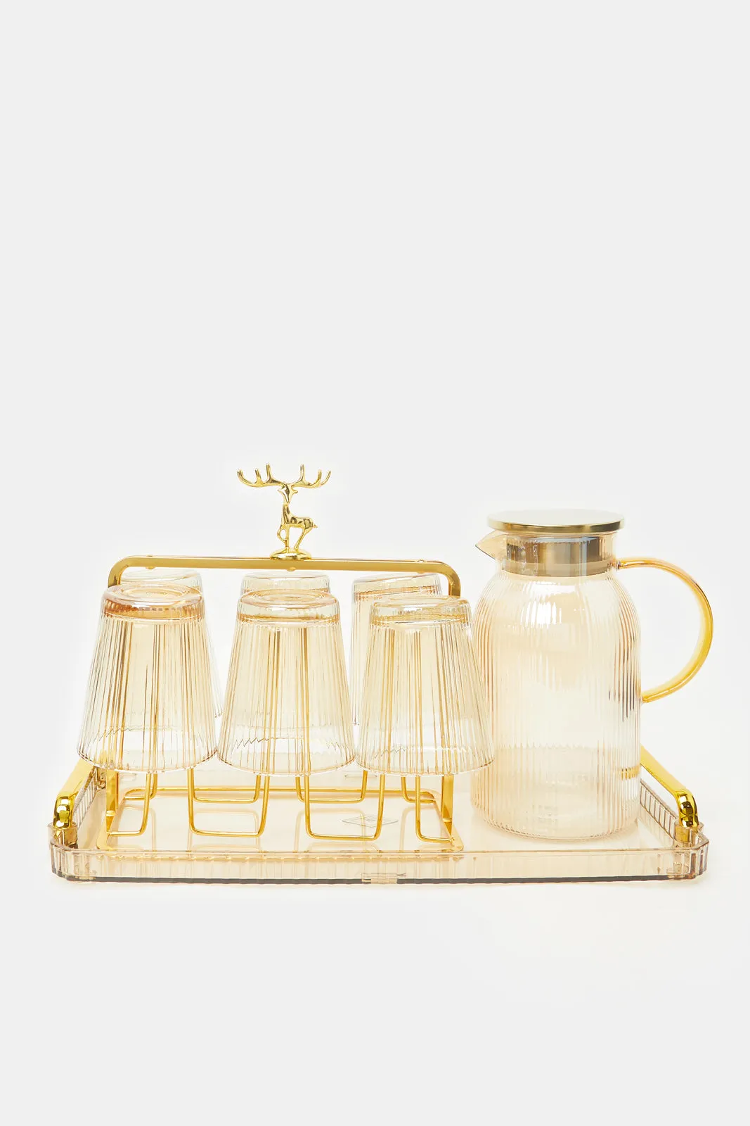 Gold Embellished Jug Set With Tray (8 Piece)