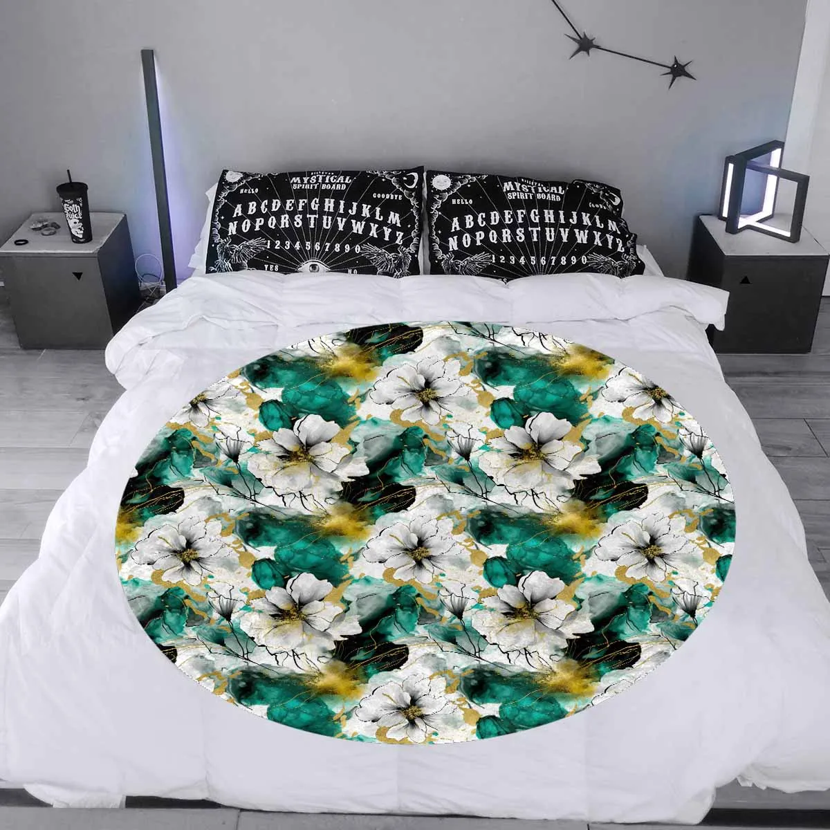 Green and White Ink Floral  Circular Micro Fleece Blanket 47"