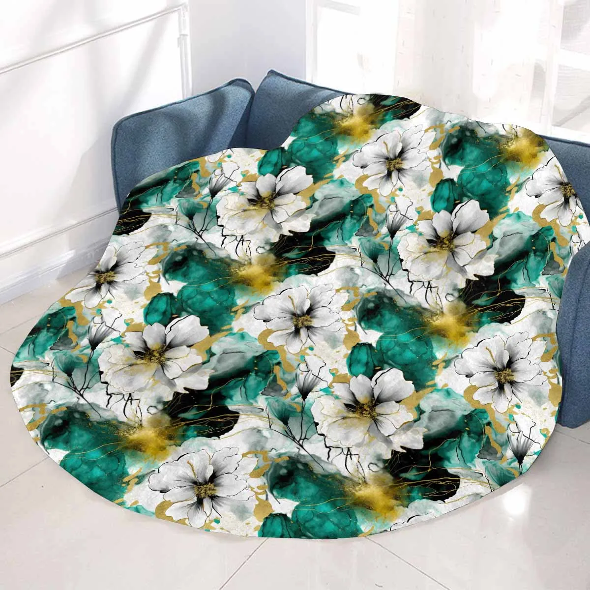 Green and White Ink Floral  Circular Micro Fleece Blanket 47"