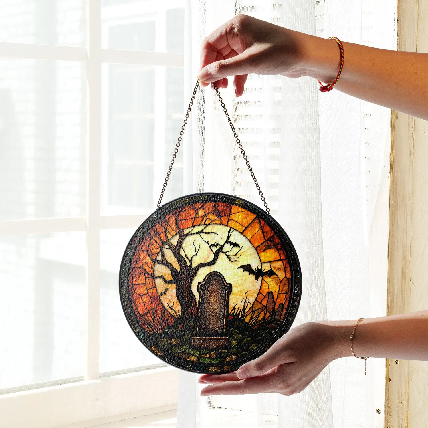 Halloween Stained Glass Suncatcher Collection | Decorative Window Hanging | 2 Sizes | Holiday Decor Accents | Night at Cemetery