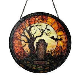 Halloween Stained Glass Suncatcher Collection | Decorative Window Hanging | 2 Sizes | Holiday Decor Accents | Night at Cemetery