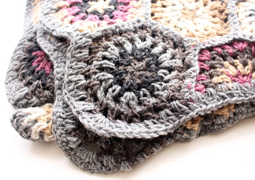 Hand Crochet Grey and Pink Multicolor Woolen Blanket