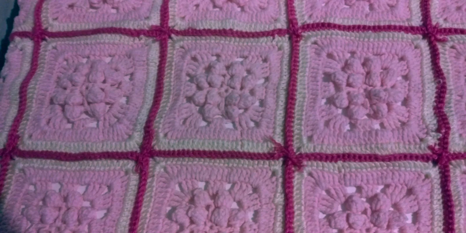 Handmade Granny Baby Blanket Square of Pinks, with Dark Pink Border Shell Patchwork