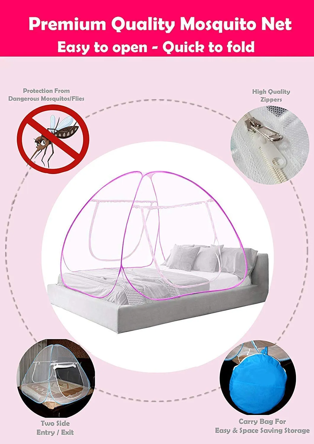 Heart Home Foldable Nylon Single Bed Mosquito Net for Protect Mosquitoes, Flies and Other Insects, 6.5 x 4 Ft. -46HH0462, Pink