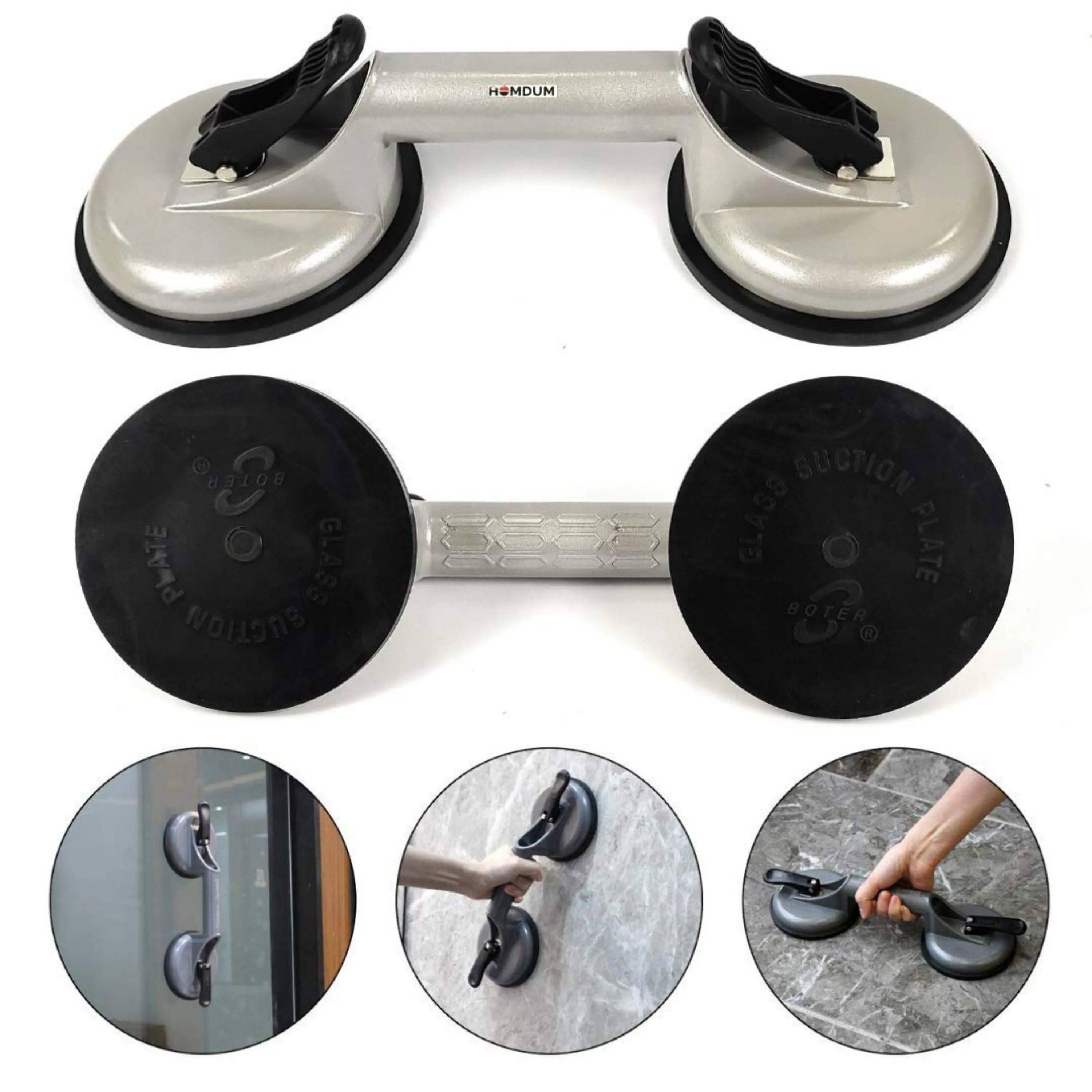 Homdum Aluminum 4.8” Lifting Suction Cup Plate Double/Two Handle Locking (2 claw) Sucker Flat Gripper for Lifting Mirror/Tiles/Granite slab, Heavy Duty Glass Lifter/car Dent Puller.