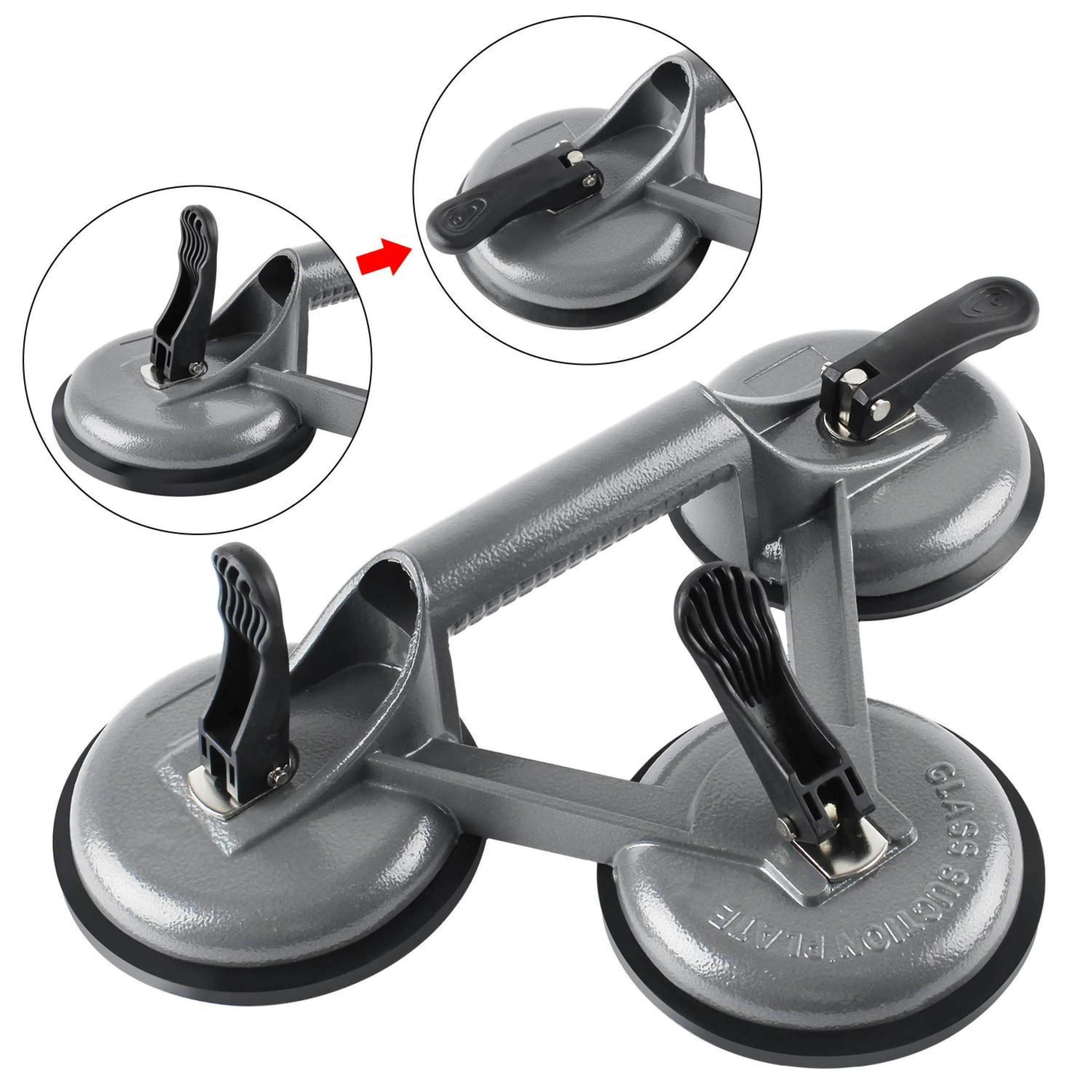 Homdum Aluminum 4.8” Lifting Suction Cup Plate Triple/Three Handle Locking (3 claw) Sucker Flat Gripper for Lifting Mirror/Tiles/Granite slab, Heavy Duty Glass Lifter/car Dent Puller.