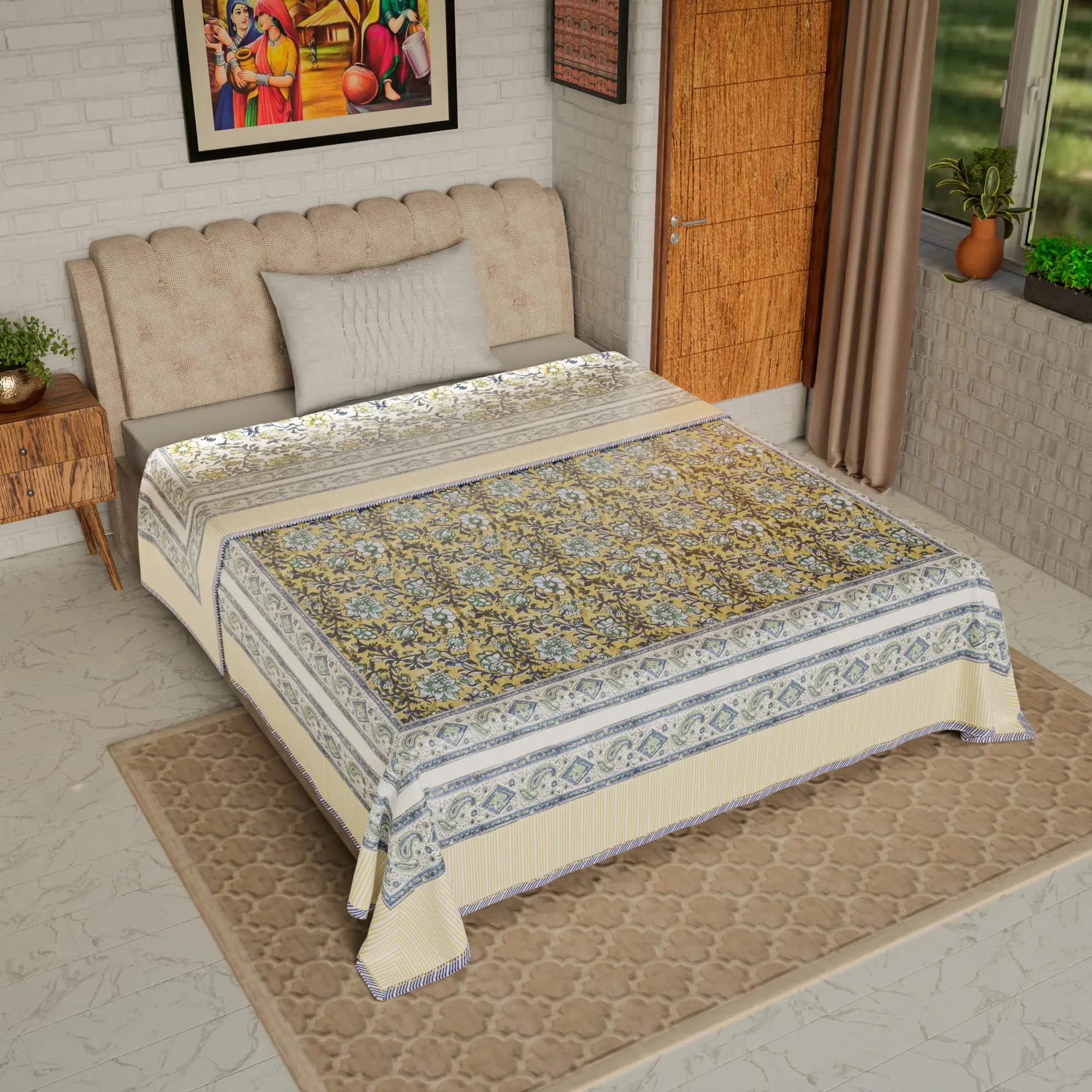 Jaipur Dohar Pure Cotton Dohar (Slim Quilt), Block Print Single Bed Blanket (Winter / All Seasons dohar) Reversible Traditional Rajasthani Cotton Blanket , Size 60" x 90" (Quilt Comforter Blanket Dohar)(Green Blue Yellow Floral)