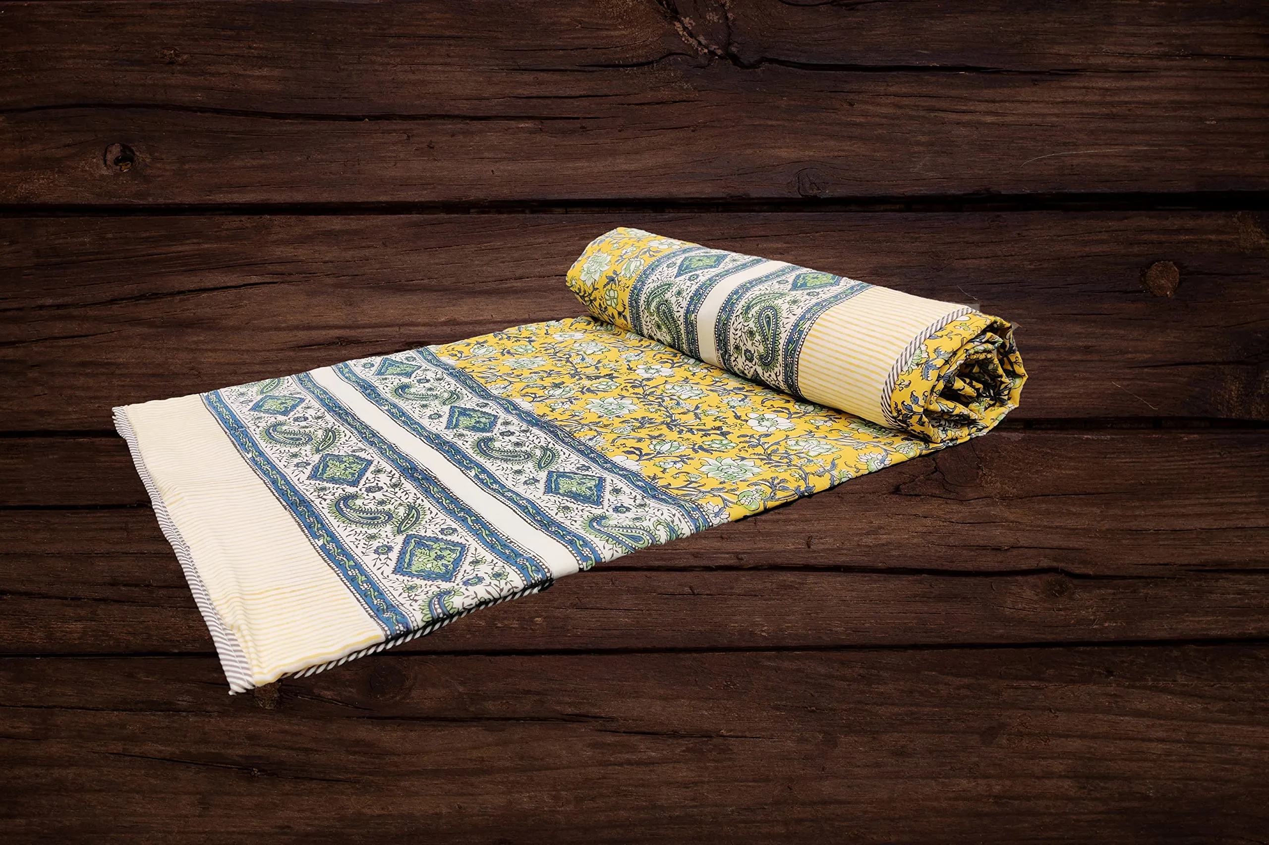 Jaipur Dohar Pure Cotton Dohar (Slim Quilt), Block Print Single Bed Blanket (Winter / All Seasons dohar) Reversible Traditional Rajasthani Cotton Blanket , Size 60" x 90" (Quilt Comforter Blanket Dohar)(Green Blue Yellow Floral)