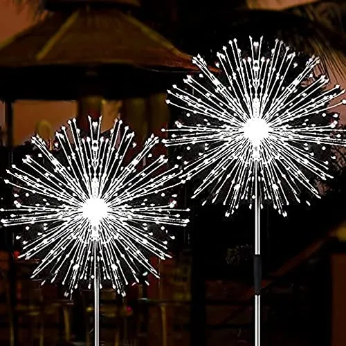 JJGoo Solar Firework Lights, 2 Pack 120 LEDs 2 Lighting Modes Outdoor Waterproof for Garden Patio Walkway Pathway Party Wedding Christmas Decorative - Cool White