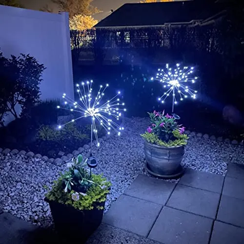 JJGoo Solar Firework Lights, 2 Pack 120 LEDs 2 Lighting Modes Outdoor Waterproof for Garden Patio Walkway Pathway Party Wedding Christmas Decorative - Cool White