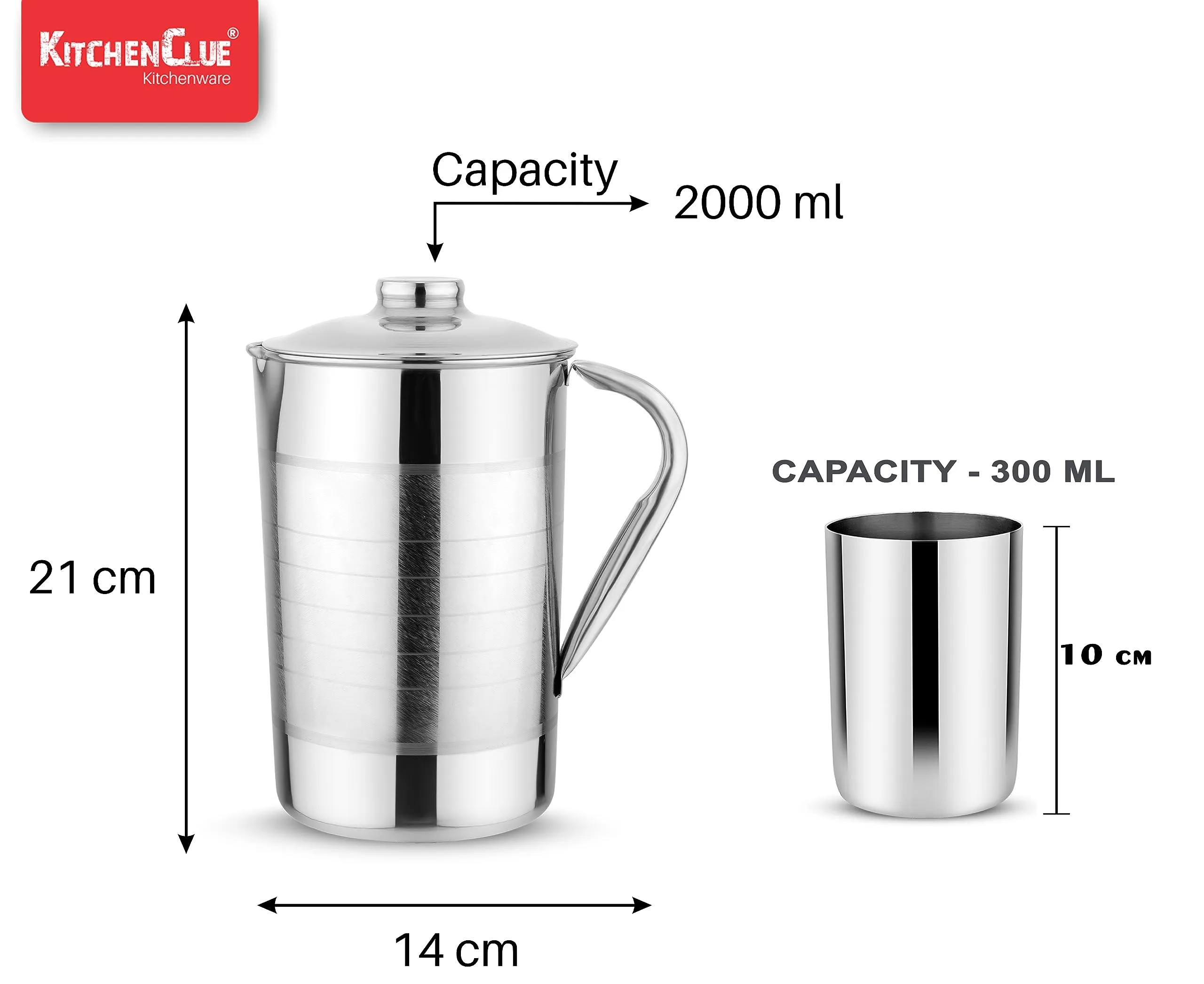 KITCHEN CLUE Stainless Steel Water Jug 2 Liter with 2 Glass Set (250 ML) Heavy Guage Steel Drinking Glass for Water/Tea/Juice/Coffee, Perfect for Serving Beverages & Enhance Dining Experience