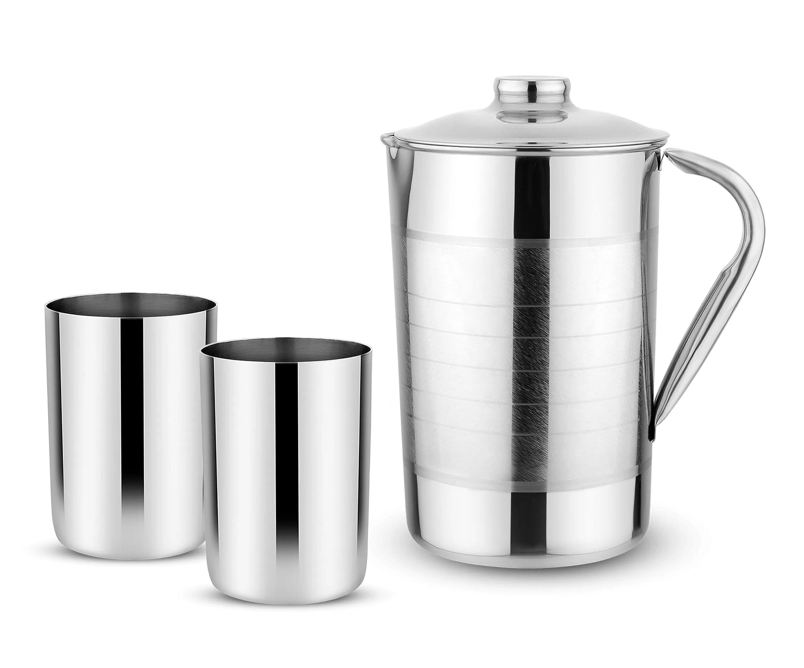 KITCHEN CLUE Stainless Steel Water Jug 2 Liter with 2 Glass Set (250 ML) Heavy Guage Steel Drinking Glass for Water/Tea/Juice/Coffee, Perfect for Serving Beverages & Enhance Dining Experience