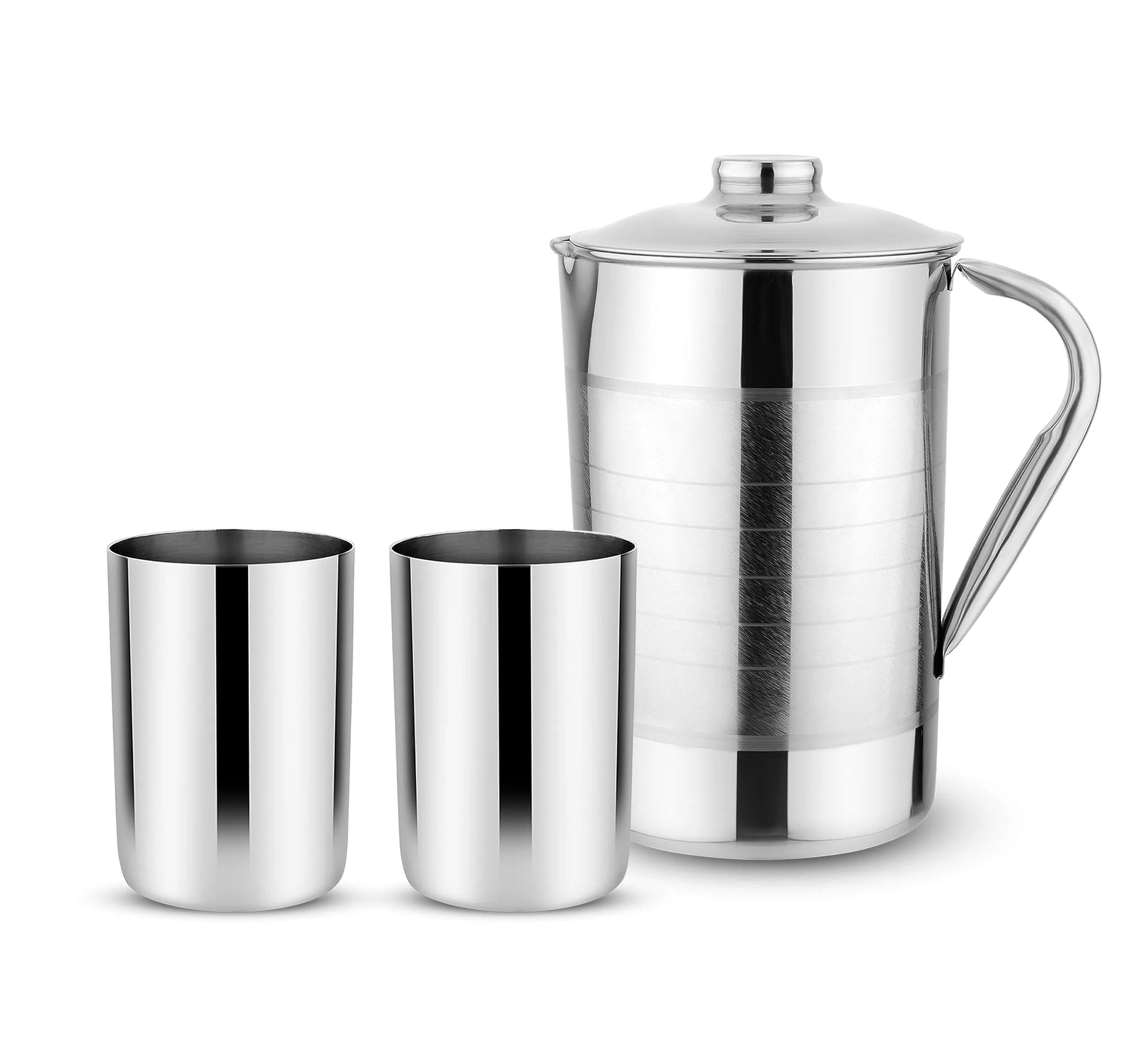 KITCHEN CLUE Stainless Steel Water Jug 2 Liter with 2 Glass Set (250 ML) Heavy Guage Steel Drinking Glass for Water/Tea/Juice/Coffee, Perfect for Serving Beverages & Enhance Dining Experience