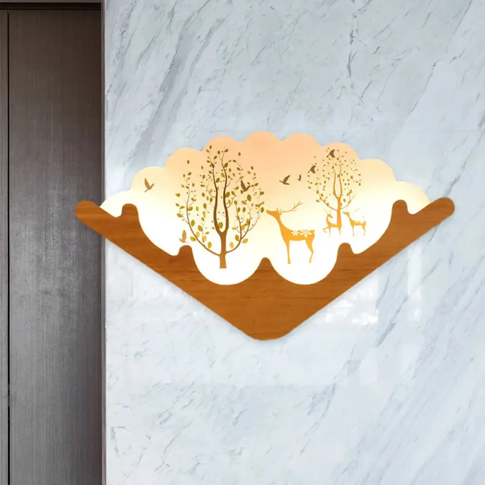 LED Asian Style Acrylic Fan Shaped Wall Lamp with Elk Deer & Forest Pattern