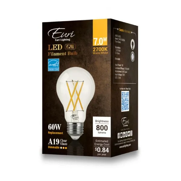 LED Filament Bulb - A19 Vintage - 7 Watt - Clear - 2700K - 800 Lumens