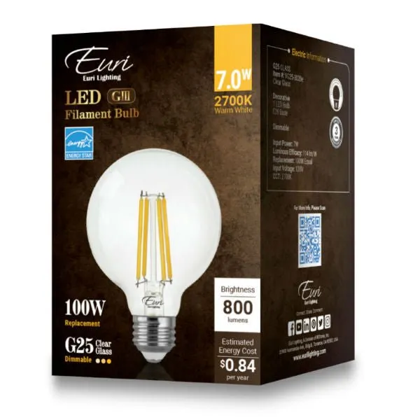 LED Filament Edison Globe Bulb - G25 Vintage - 7 Watt - Clear - 2700K