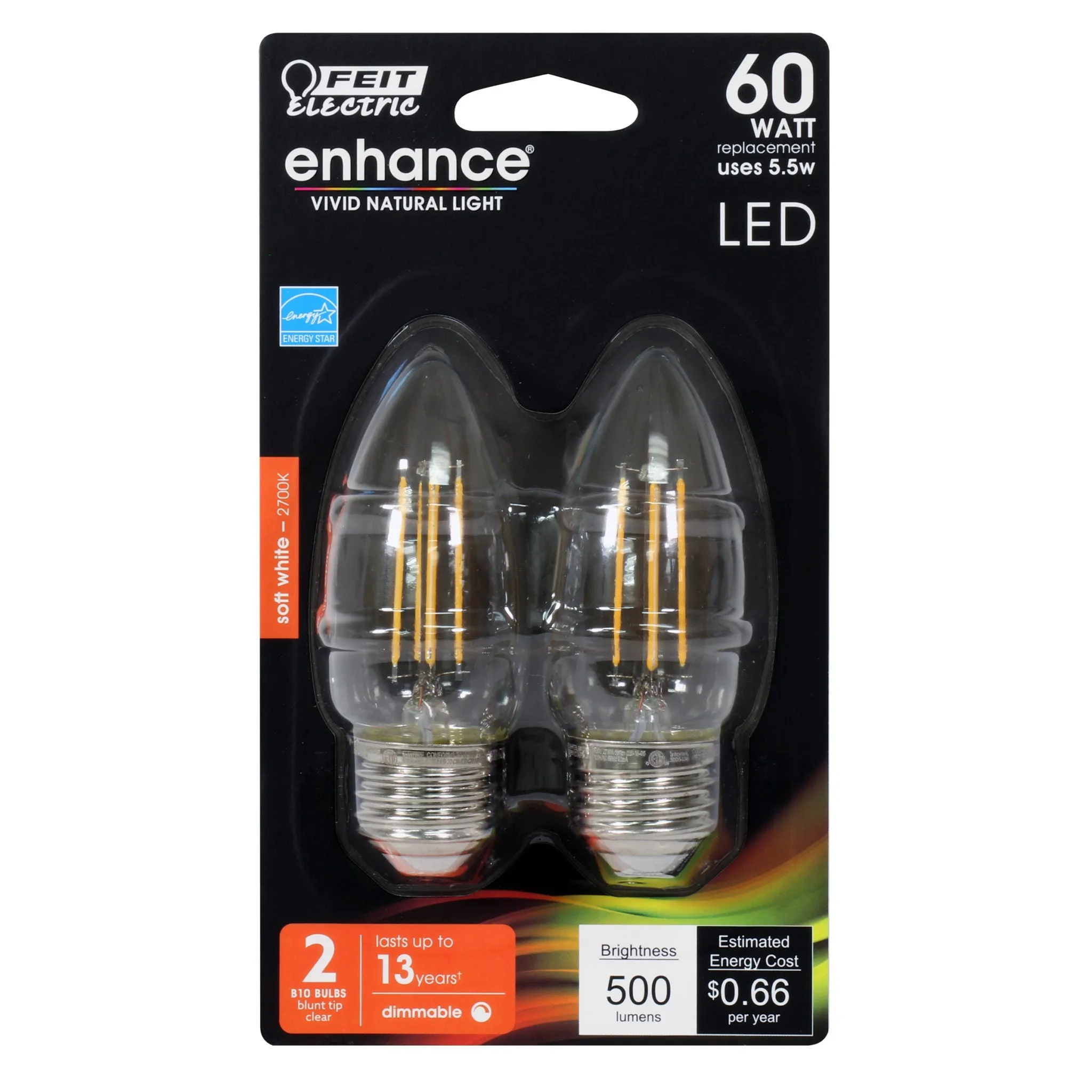 LED Light Bulbs, E12, Candelabra Base, Blunt Tip Filament, Clear, Decorative Chandelier Bulb, Torpedo, Flame, 2 Packs