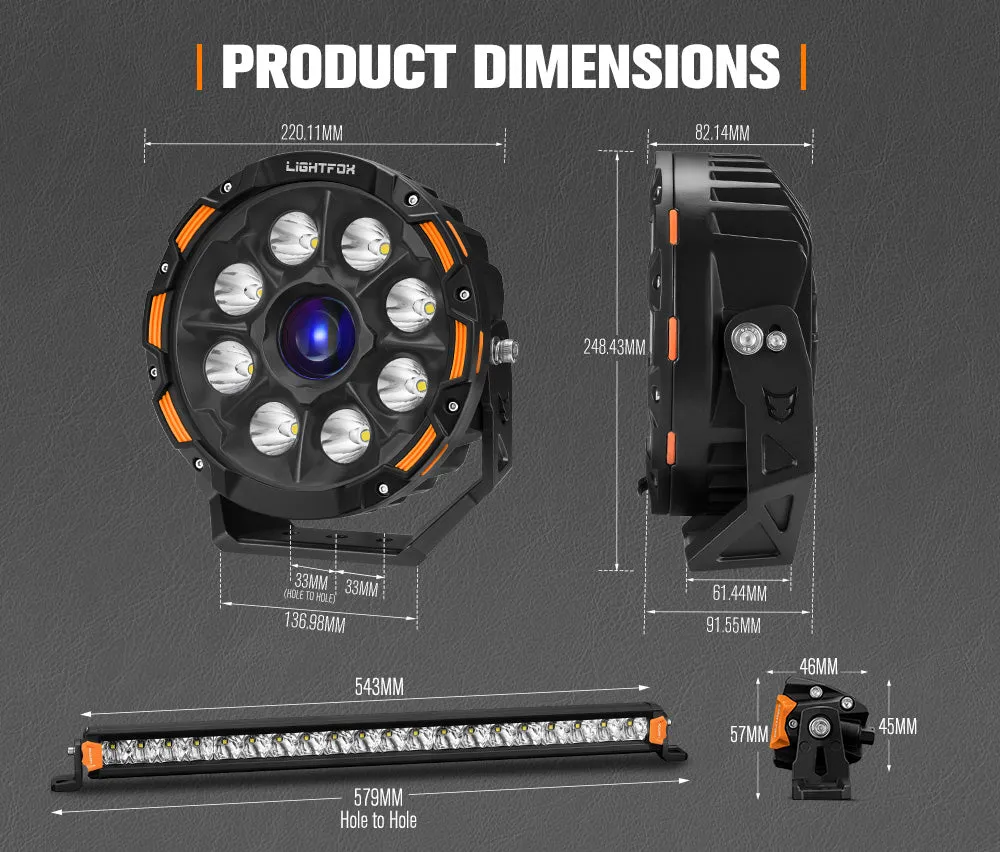 LIGHTFOX OSRAM 9 inch Laser Round Driving Lights 20 inch Single Row LED Light Bar Spot with Wiring Kit