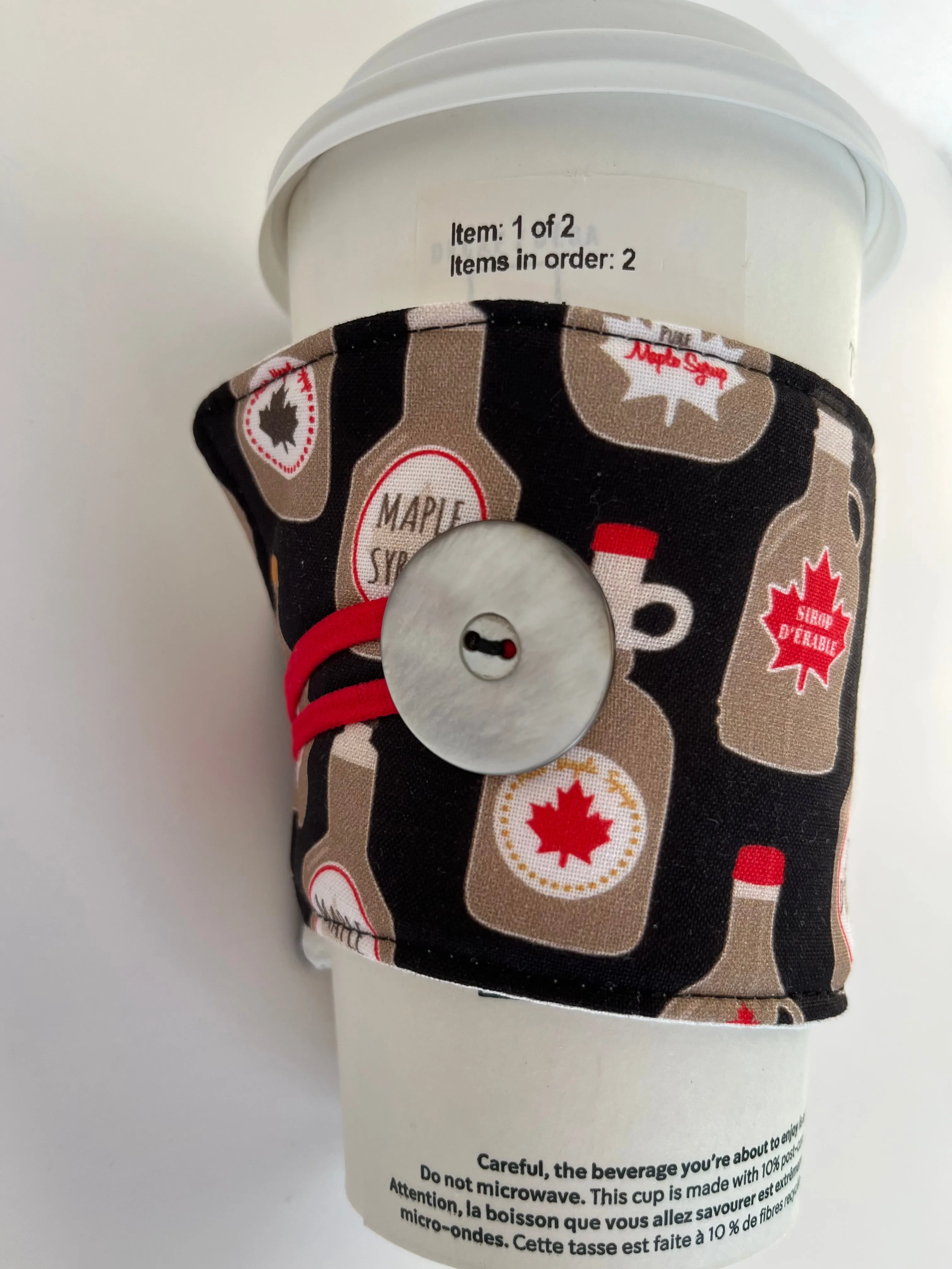 Maple Syrup Canadian Themed Coffee Cup Cozy, fabric coffee sleeve