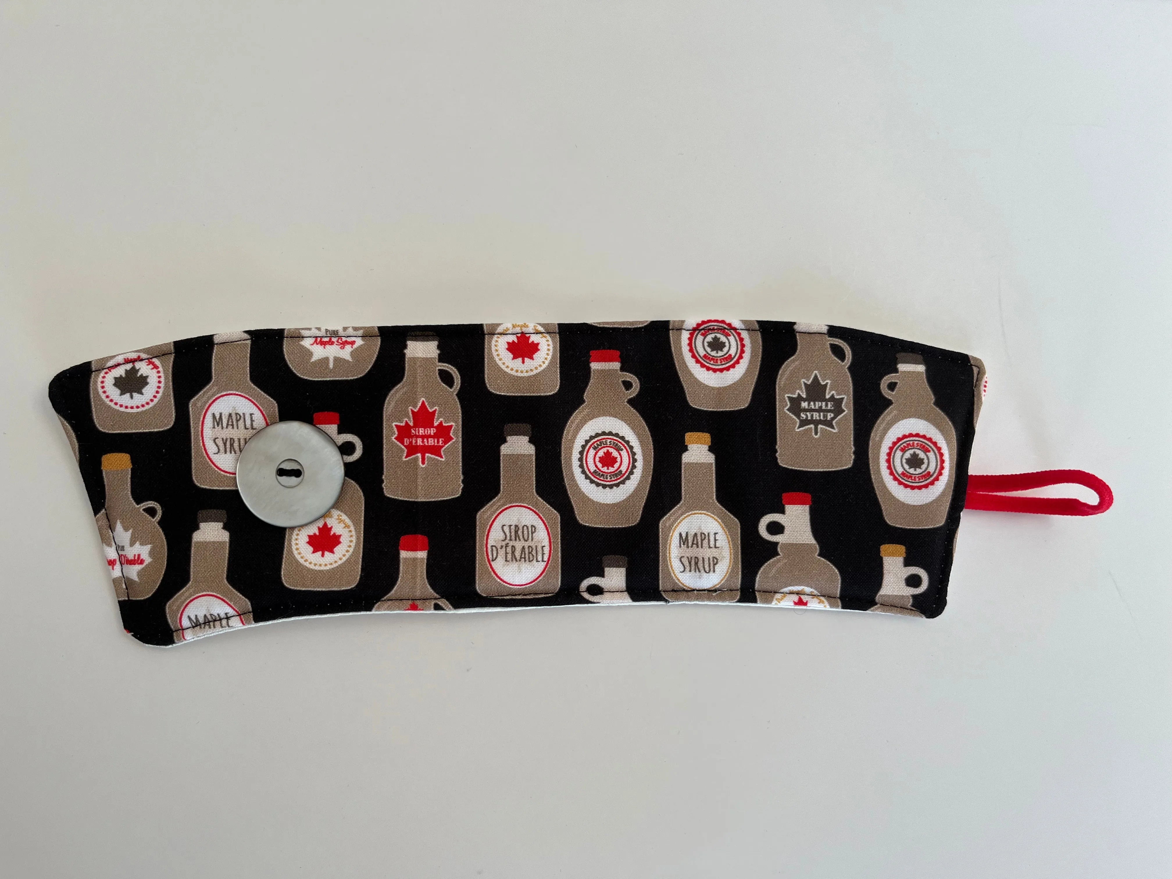 Maple Syrup Canadian Themed Coffee Cup Cozy, fabric coffee sleeve