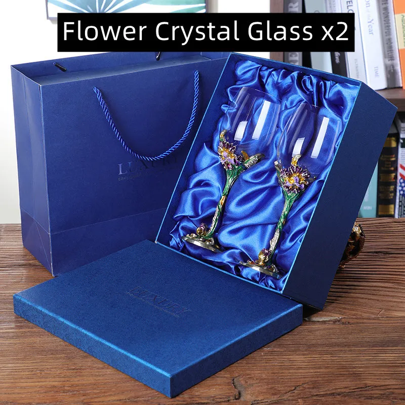 Metallic Flower Crystal Wine Glasses With Decanter Gift Sets