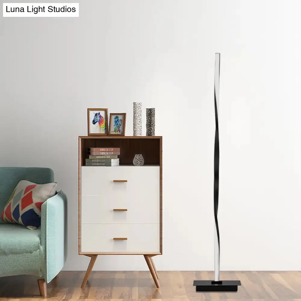 Minimalist Metallic Spiral Line Floor Reading Lamp - Black/Silver LED Stand Up Lighting in Warm/White/Natural Light Options