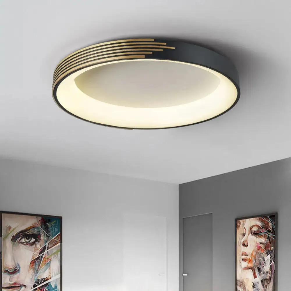 Modern Black Metal Drum Ceiling Light: LED Flush Mount for Bedroom - 12"/18"/23.5" Wide